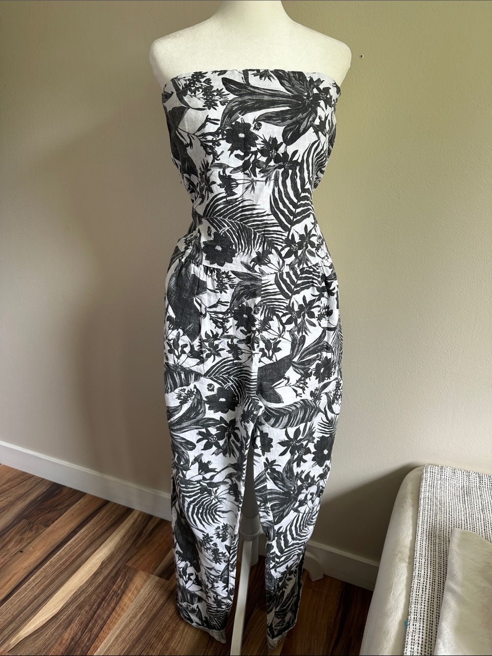 Zara Strapless Black & White Floral Print Jumpsuit